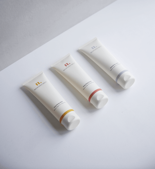 Nourished Daily, Liquid Body Collection, Body Wash, Body Lotion, Body Scrub.
